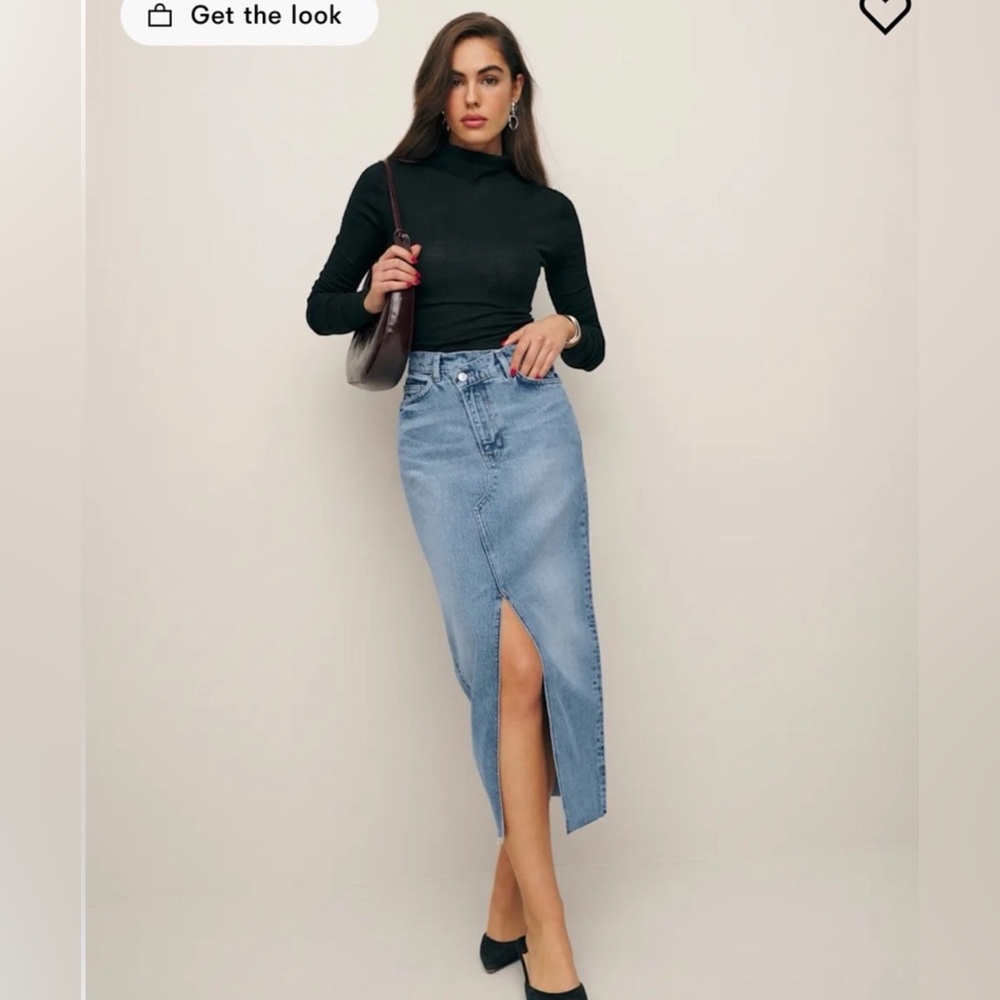 Reformation Light Blue Denim Midi Skirt with Front Slit